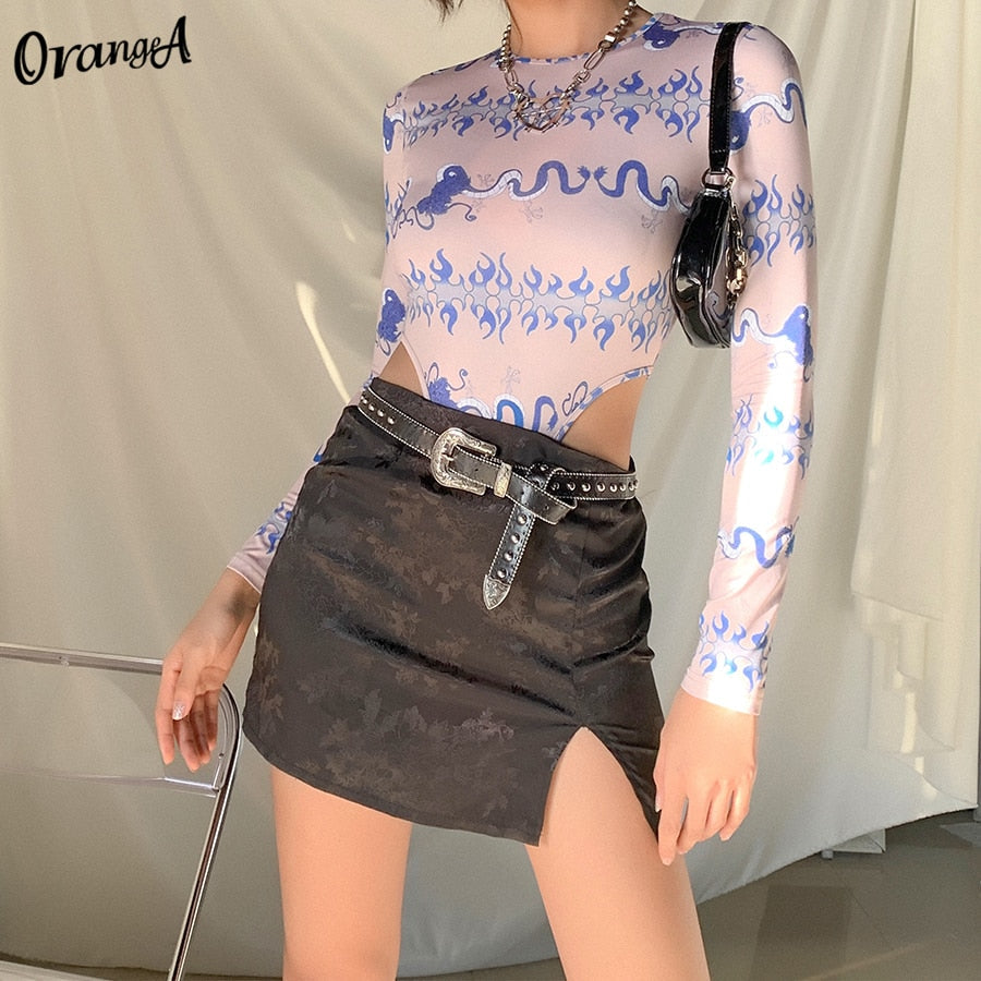 Fashion Long Sleeve Skinny Bodysuits Graphic Print o-Neck Elastic Hight Sporty Streetwear Slim Outfit Bodysuit The Clothing Company Sydney