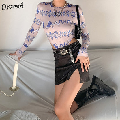 Fashion Long Sleeve Skinny Bodysuits Graphic Print o-Neck Elastic Hight Sporty Streetwear Slim Outfit Bodysuit The Clothing Company Sydney