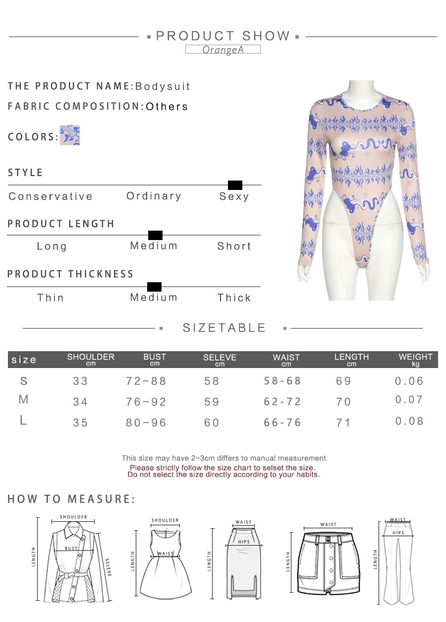 Fashion Long Sleeve Skinny Bodysuits Graphic Print o-Neck Elastic Hight Sporty Streetwear Slim Outfit Bodysuit The Clothing Company Sydney