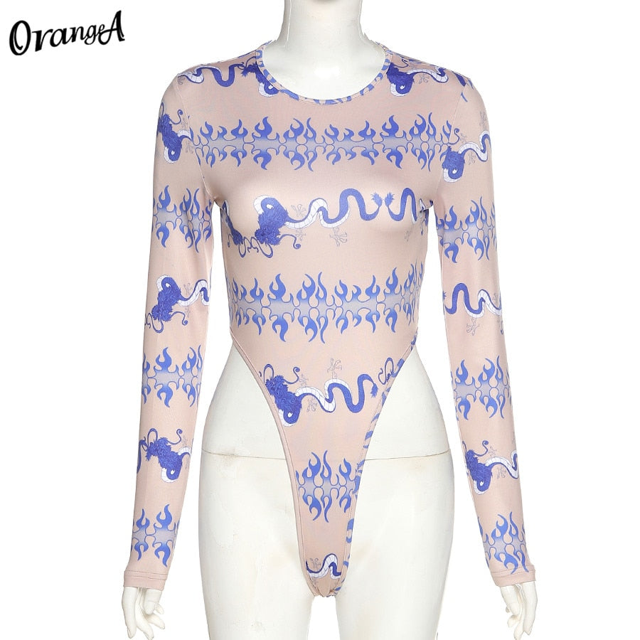 Fashion Long Sleeve Skinny Bodysuits Graphic Print o-Neck Elastic Hight Sporty Streetwear Slim Outfit Bodysuit The Clothing Company Sydney