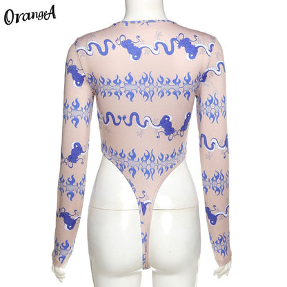 Fashion Long Sleeve Skinny Bodysuits Graphic Print o-Neck Elastic Hight Sporty Streetwear Slim Outfit Bodysuit The Clothing Company Sydney