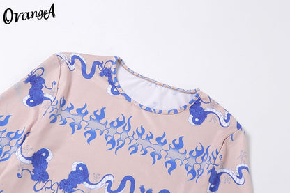 Fashion Long Sleeve Skinny Bodysuits Graphic Print o-Neck Elastic Hight Sporty Streetwear Slim Outfit Bodysuit The Clothing Company Sydney