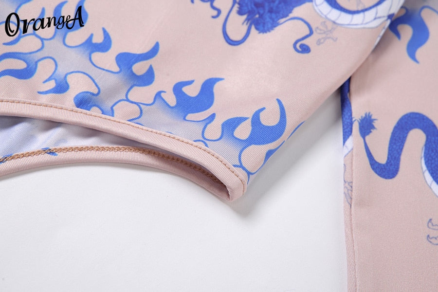 Fashion Long Sleeve Skinny Bodysuits Graphic Print o-Neck Elastic Hight Sporty Streetwear Slim Outfit Bodysuit The Clothing Company Sydney