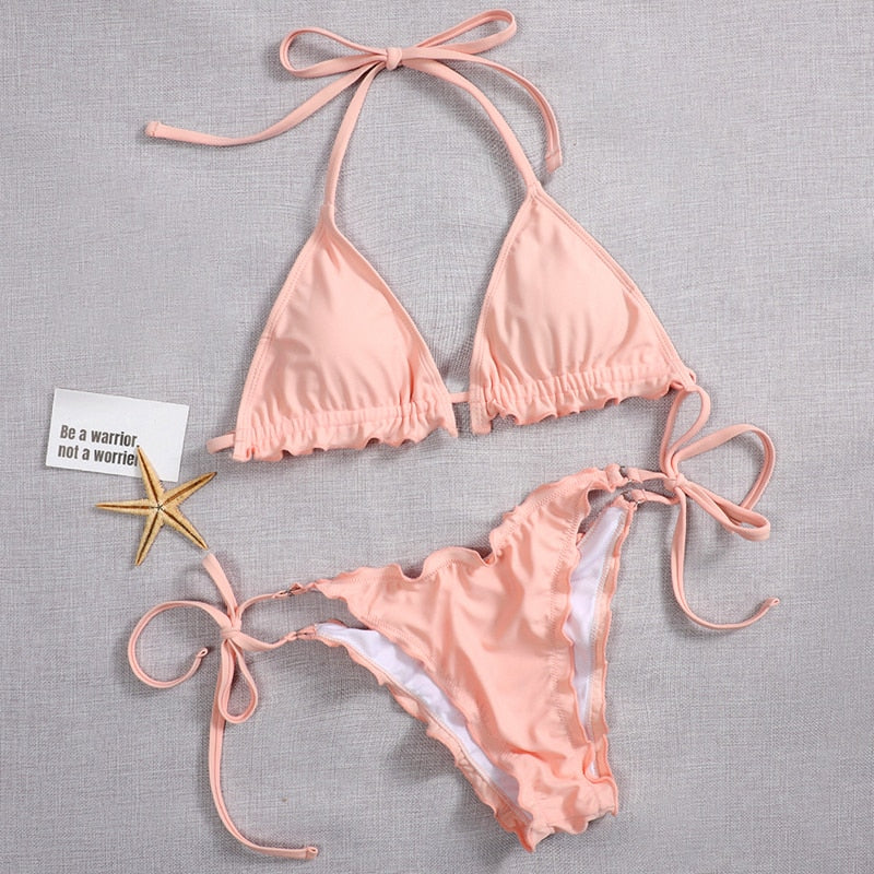 2 Piece Pink Ruffled Frilled Bikini swimsuit swimwear Two piece bikini set Halter Bather String bathing suit The Clothing Company Sydney