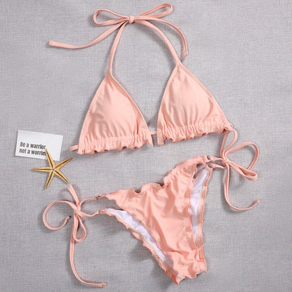 2 Piece Pink Ruffled Frilled Bikini swimsuit swimwear Two piece bikini set Halter Bather String bathing suit The Clothing Company Sydney