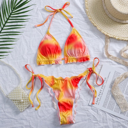 2 Piece Pink Ruffled Frilled Bikini swimsuit swimwear Two piece bikini set Halter Bather String bathing suit The Clothing Company Sydney