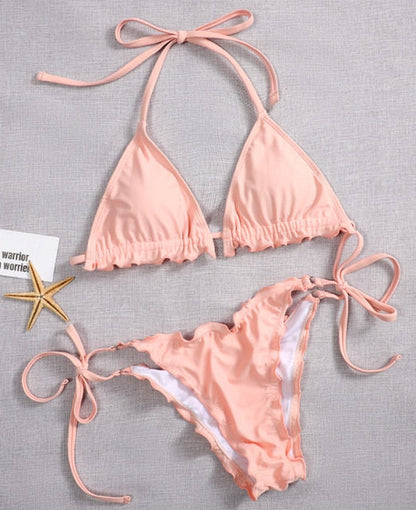 2 Piece Pink Ruffled Frilled Bikini swimsuit swimwear Two piece bikini set Halter Bather String bathing suit The Clothing Company Sydney