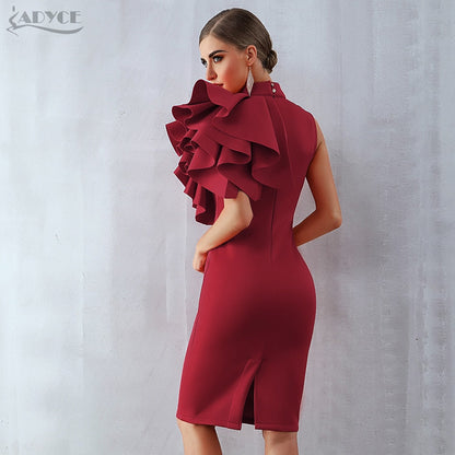 Wine Red Celebrity Evening Runway Party Sleeveless Ruffles Bodycon Midi Night Club Dress The Clothing Company Sydney