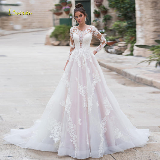 Long Sleeve Lace Vintage Scoop Neck Appliques Sweep Train A-Line Bridal Gowns Wedding Dress The Clothing Company Sydney