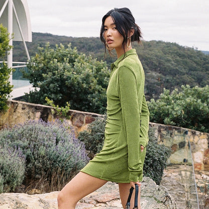 Autumn Ruched Long Sleeve Bodycon Turn-Down Collar Mini Dress Button Slim Party Dress The Clothing Company Sydney