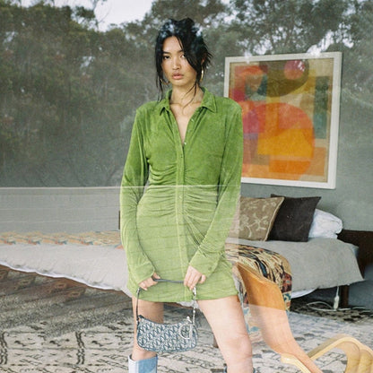 Autumn Ruched Long Sleeve Bodycon Turn-Down Collar Mini Dress Button Slim Party Dress The Clothing Company Sydney