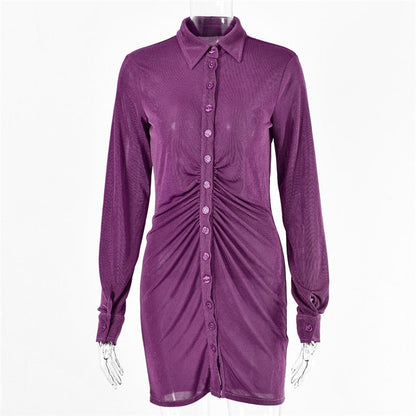 Autumn Ruched Long Sleeve Bodycon Turn-Down Collar Mini Dress Button Slim Party Dress The Clothing Company Sydney