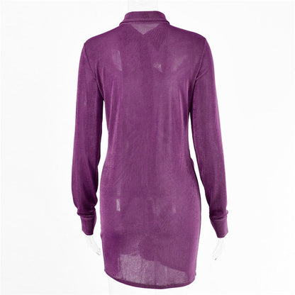 Autumn Ruched Long Sleeve Bodycon Turn-Down Collar Mini Dress Button Slim Party Dress The Clothing Company Sydney