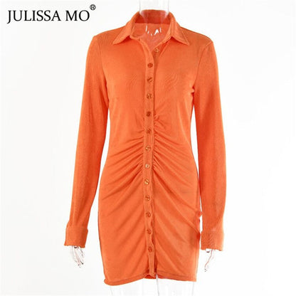 Autumn Ruched Long Sleeve Bodycon Turn-Down Collar Mini Dress Button Slim Party Dress The Clothing Company Sydney