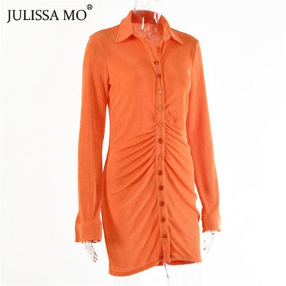 Autumn Ruched Long Sleeve Bodycon Turn-Down Collar Mini Dress Button Slim Party Dress The Clothing Company Sydney