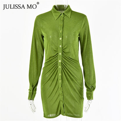 Autumn Ruched Long Sleeve Bodycon Turn-Down Collar Mini Dress Button Slim Party Dress The Clothing Company Sydney