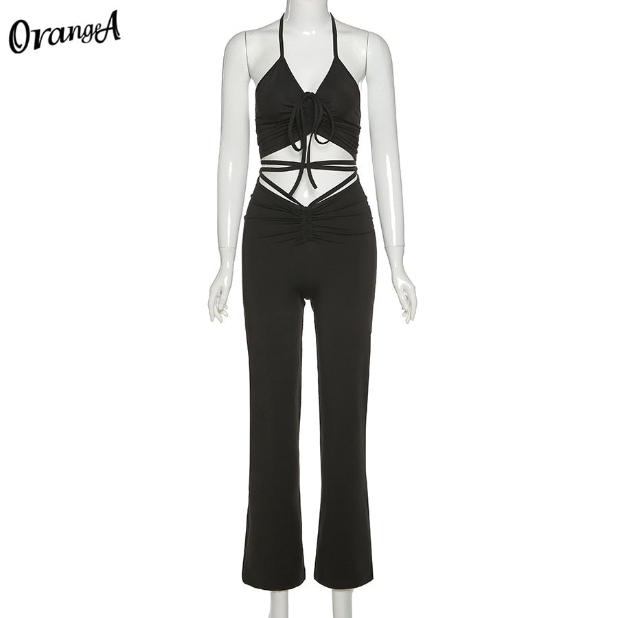 2 Piece Halter bandage v-neck sleeveless ruched tops sweatpants matching clubwear stretchy skinny bodycon Set The Clothing Company Sydney