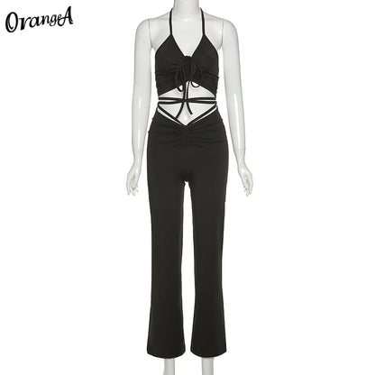 2 Piece Halter bandage v-neck sleeveless ruched tops sweatpants matching clubwear stretchy skinny bodycon Set The Clothing Company Sydney