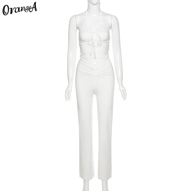 2 Piece Halter bandage v-neck sleeveless ruched tops sweatpants matching clubwear stretchy skinny bodycon Set The Clothing Company Sydney