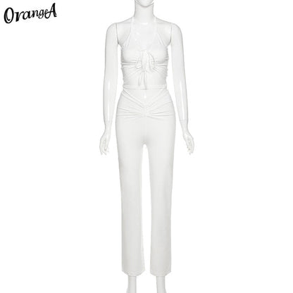 2 Piece Halter bandage v-neck sleeveless ruched tops sweatpants matching clubwear stretchy skinny bodycon Set The Clothing Company Sydney