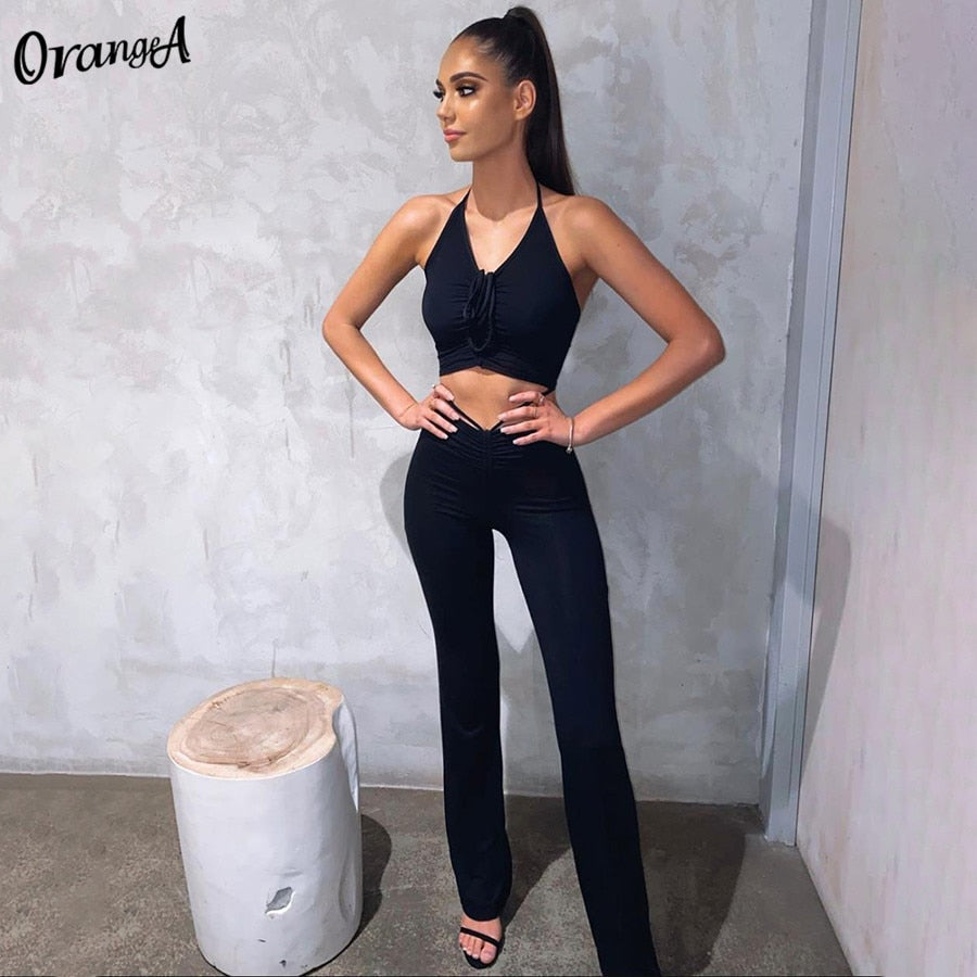2 Piece Halter bandage v-neck sleeveless ruched tops sweatpants matching clubwear stretchy skinny bodycon Set The Clothing Company Sydney
