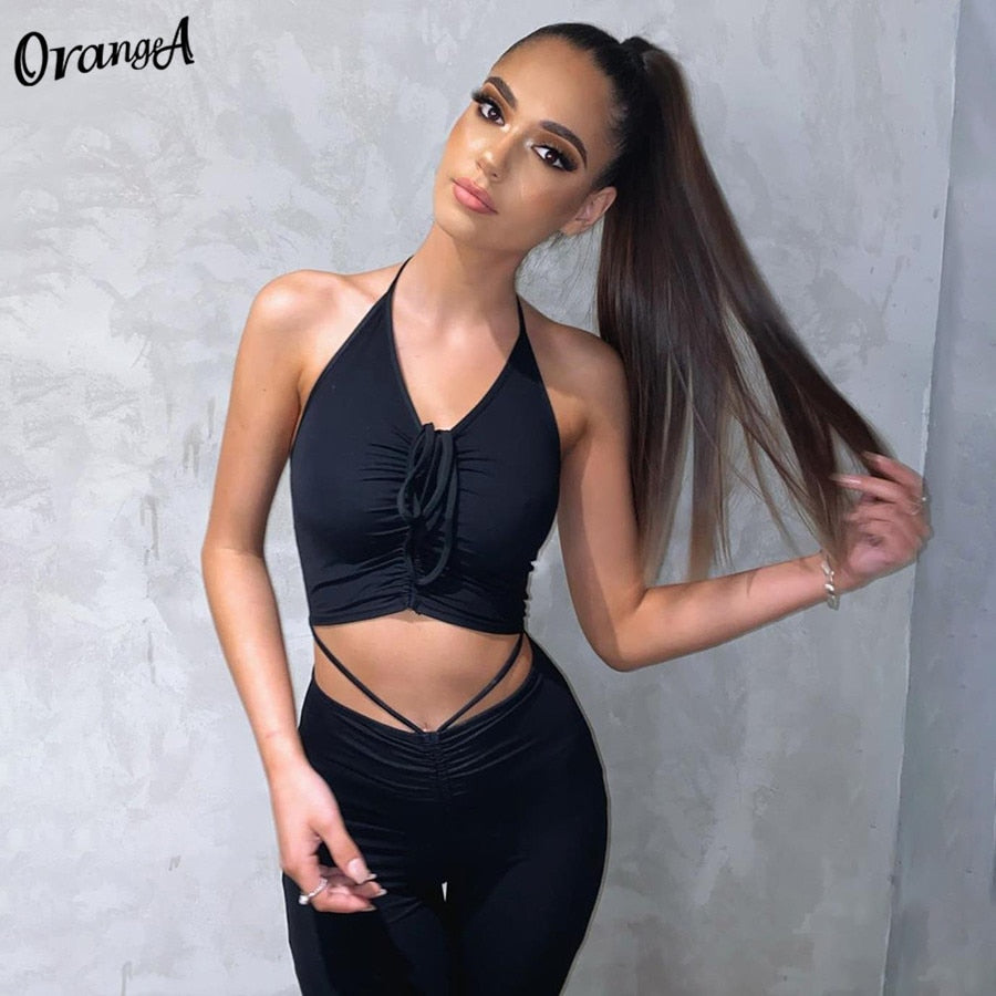 2 Piece Halter bandage v-neck sleeveless ruched tops sweatpants matching clubwear stretchy skinny bodycon Set The Clothing Company Sydney