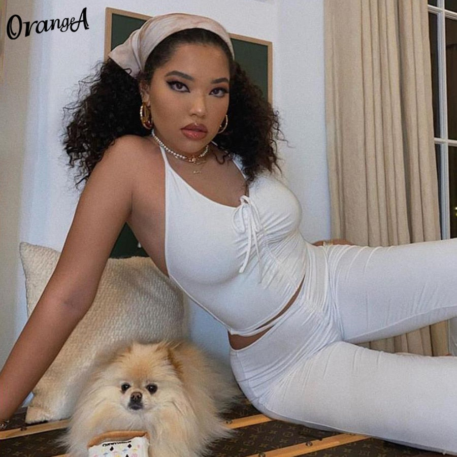 2 Piece Halter bandage v-neck sleeveless ruched tops sweatpants matching clubwear stretchy skinny bodycon Set The Clothing Company Sydney