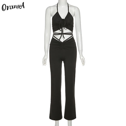 2 Piece Halter bandage v-neck sleeveless ruched tops sweatpants matching clubwear stretchy skinny bodycon Set The Clothing Company Sydney