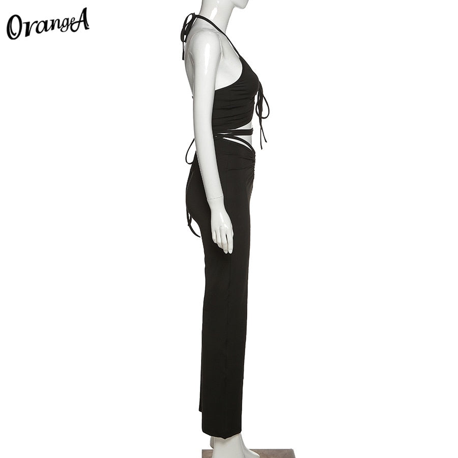 2 Piece Halter bandage v-neck sleeveless ruched tops sweatpants matching clubwear stretchy skinny bodycon Set The Clothing Company Sydney