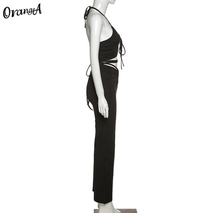 2 Piece Halter bandage v-neck sleeveless ruched tops sweatpants matching clubwear stretchy skinny bodycon Set The Clothing Company Sydney