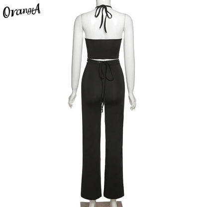 2 Piece Halter bandage v-neck sleeveless ruched tops sweatpants matching clubwear stretchy skinny bodycon Set The Clothing Company Sydney