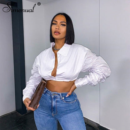 Button Ruched White Puff Sleeve Blouse Shirts Women's Long Sleeve Crop Blouses Solid Top The Clothing Company Sydney