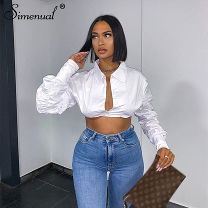Button Ruched White Puff Sleeve Blouse Shirts Women's Long Sleeve Crop Blouses Solid Top The Clothing Company Sydney