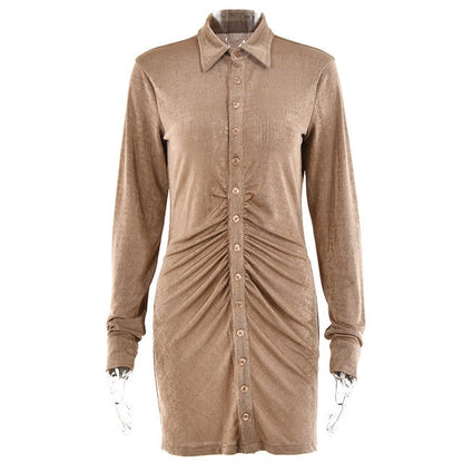 Autumn Ruched Long Sleeve Bodycon Turn-Down Collar Mini Dress Button Slim Party Dress The Clothing Company Sydney