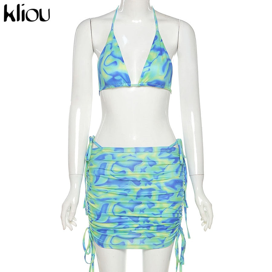 Bandage Halter Print Two Piece Backless Top+Drawstring Stacked Skirt Summer Outfit Set The Clothing Company Sydney