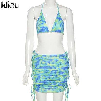 Bandage Halter Print Two Piece Backless Top+Drawstring Stacked Skirt Summer Outfit Set The Clothing Company Sydney