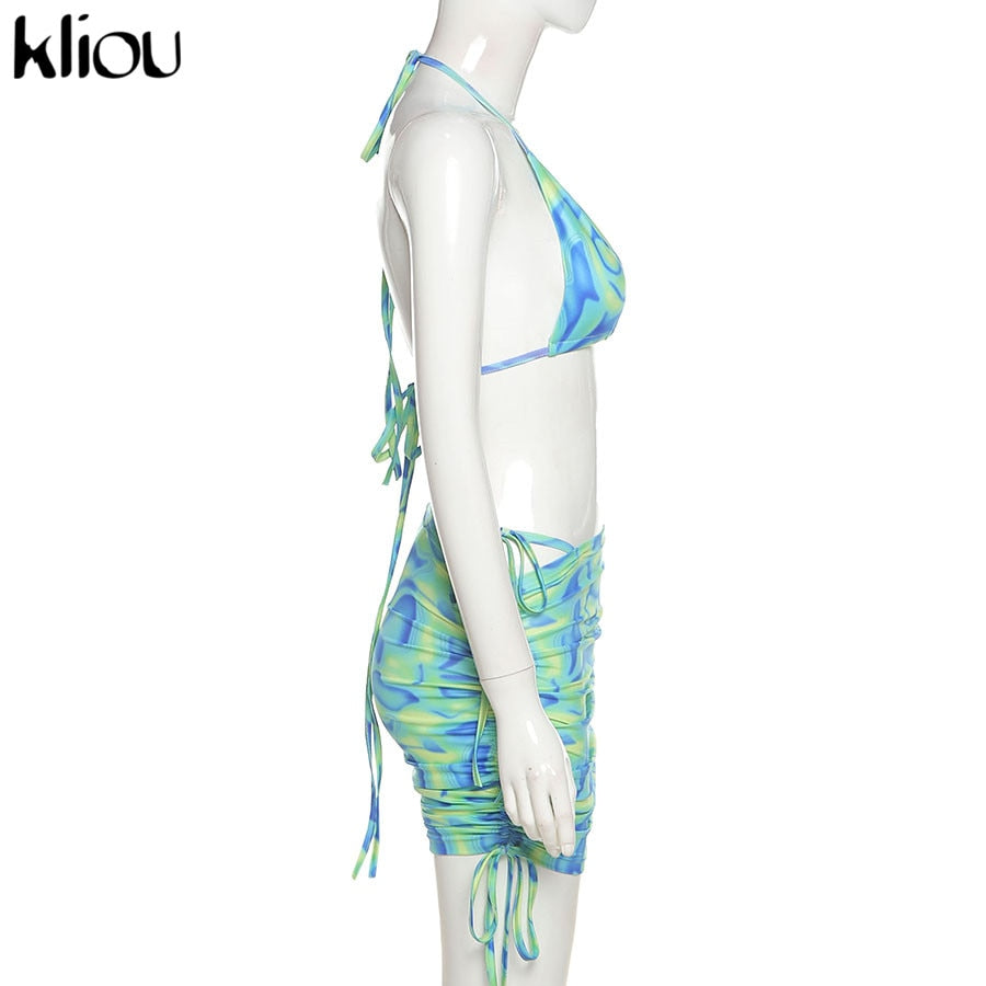 Bandage Halter Print Two Piece Backless Top+Drawstring Stacked Skirt Summer Outfit Set The Clothing Company Sydney