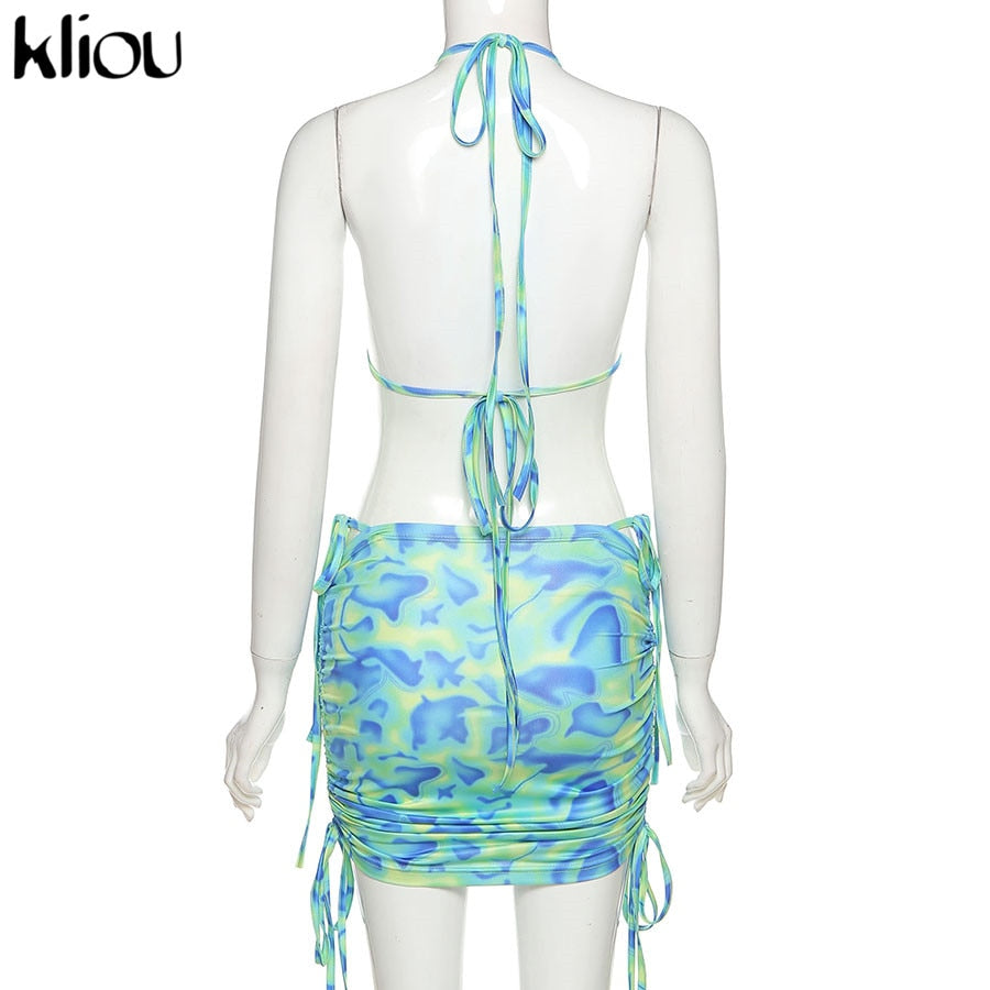 Bandage Halter Print Two Piece Backless Top+Drawstring Stacked Skirt Summer Outfit Set The Clothing Company Sydney