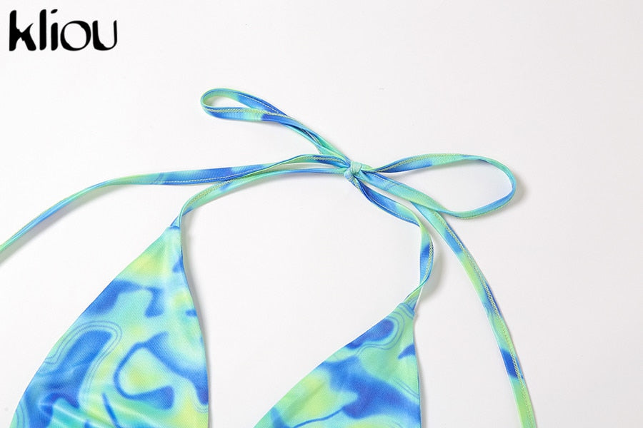 Bandage Halter Print Two Piece Backless Top+Drawstring Stacked Skirt Summer Outfit Set The Clothing Company Sydney