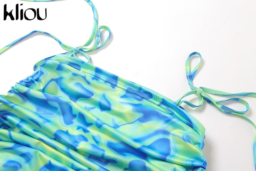 Bandage Halter Print Two Piece Backless Top+Drawstring Stacked Skirt Summer Outfit Set The Clothing Company Sydney