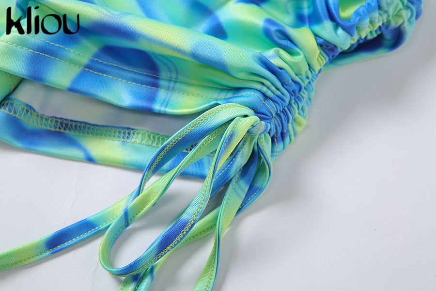 Bandage Halter Print Two Piece Backless Top+Drawstring Stacked Skirt Summer Outfit Set The Clothing Company Sydney