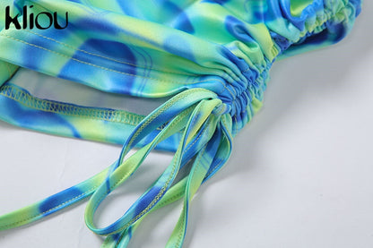 Bandage Halter Print Two Piece Backless Top+Drawstring Stacked Skirt Summer Outfit Set The Clothing Company Sydney