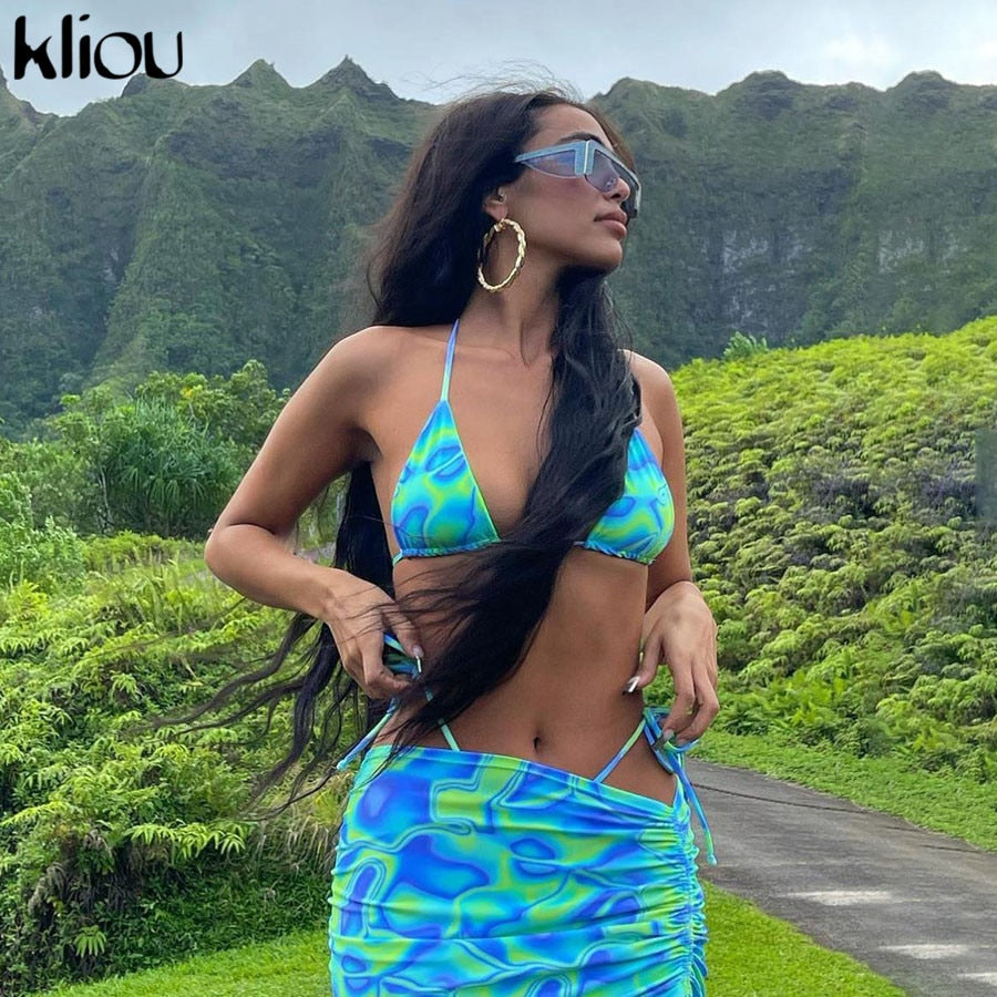 Bandage Halter Print Two Piece Backless Top+Drawstring Stacked Skirt Summer Outfit Set The Clothing Company Sydney