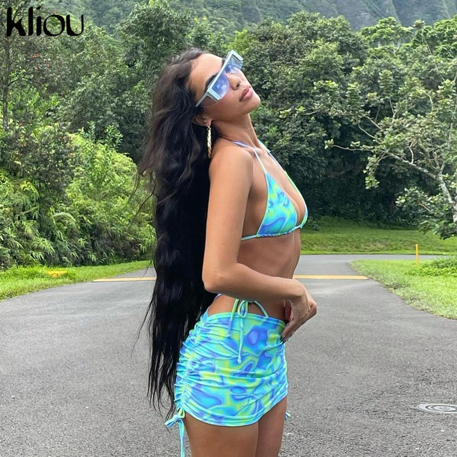 Bandage Halter Print Two Piece Backless Top+Drawstring Stacked Skirt Summer Outfit Set The Clothing Company Sydney