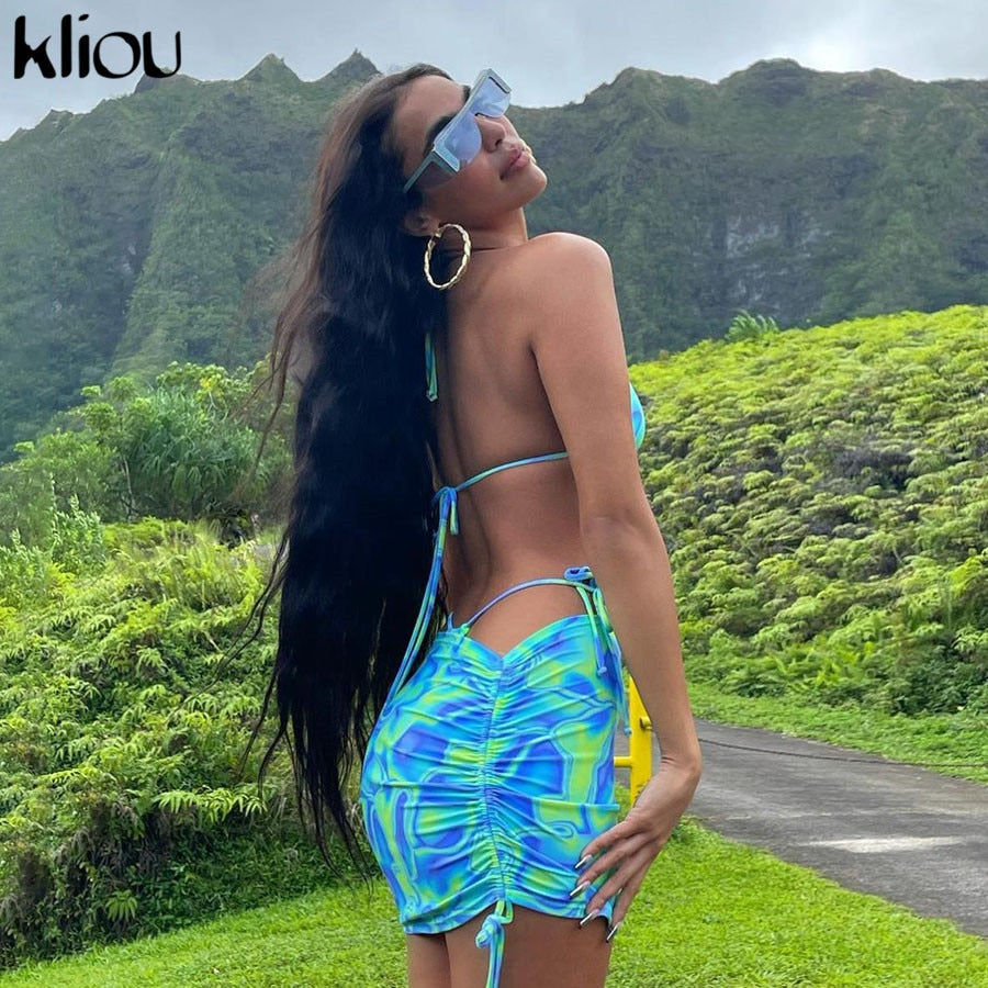 Bandage Halter Print Two Piece Backless Top+Drawstring Stacked Skirt Summer Outfit Set The Clothing Company Sydney