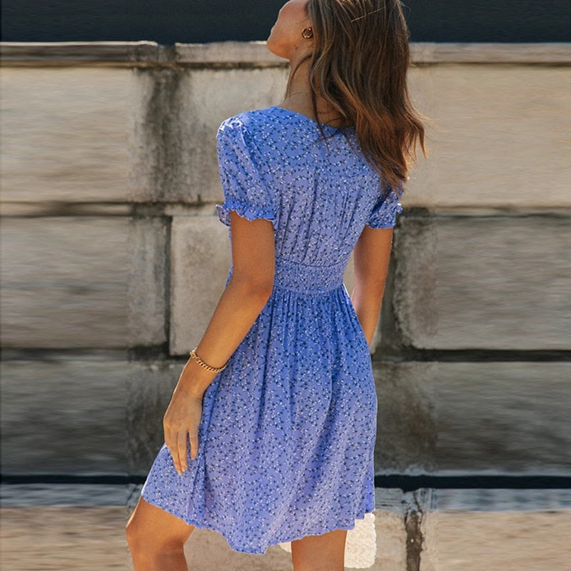 Bohemian Floral Print Mini V Neck Summer Beach Ruffle Short Sleeve A-line Buttons Casual Dress The Clothing Company Sydney