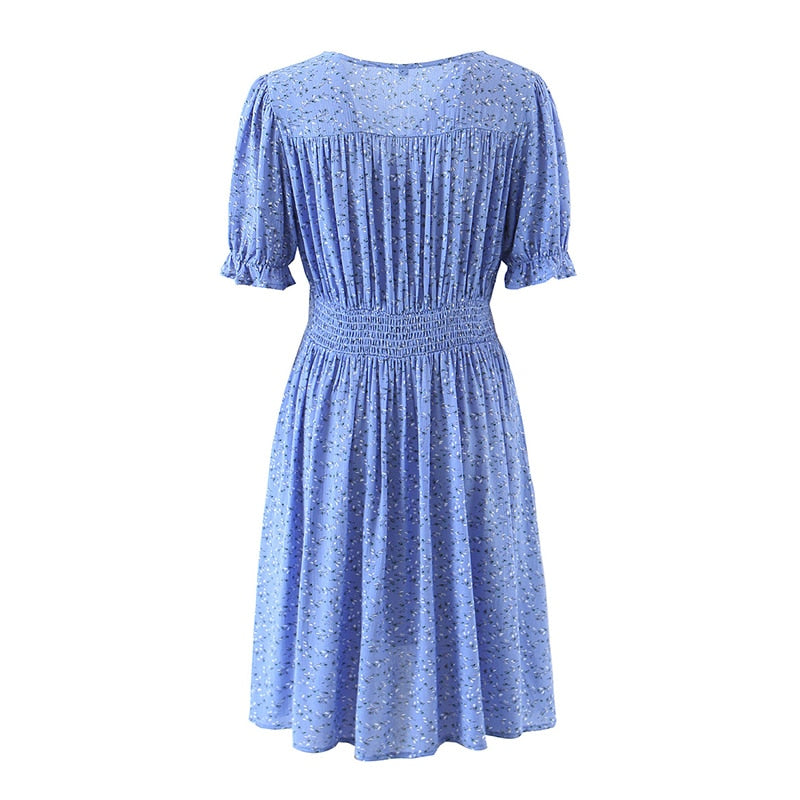 Bohemian Floral Print Mini V Neck Summer Beach Ruffle Short Sleeve A-line Buttons Casual Dress The Clothing Company Sydney