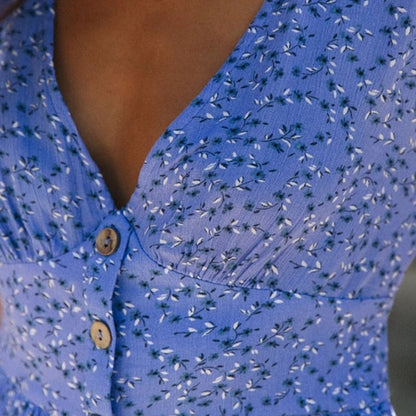 Bohemian Floral Print Mini V Neck Summer Beach Ruffle Short Sleeve A-line Buttons Casual Dress The Clothing Company Sydney