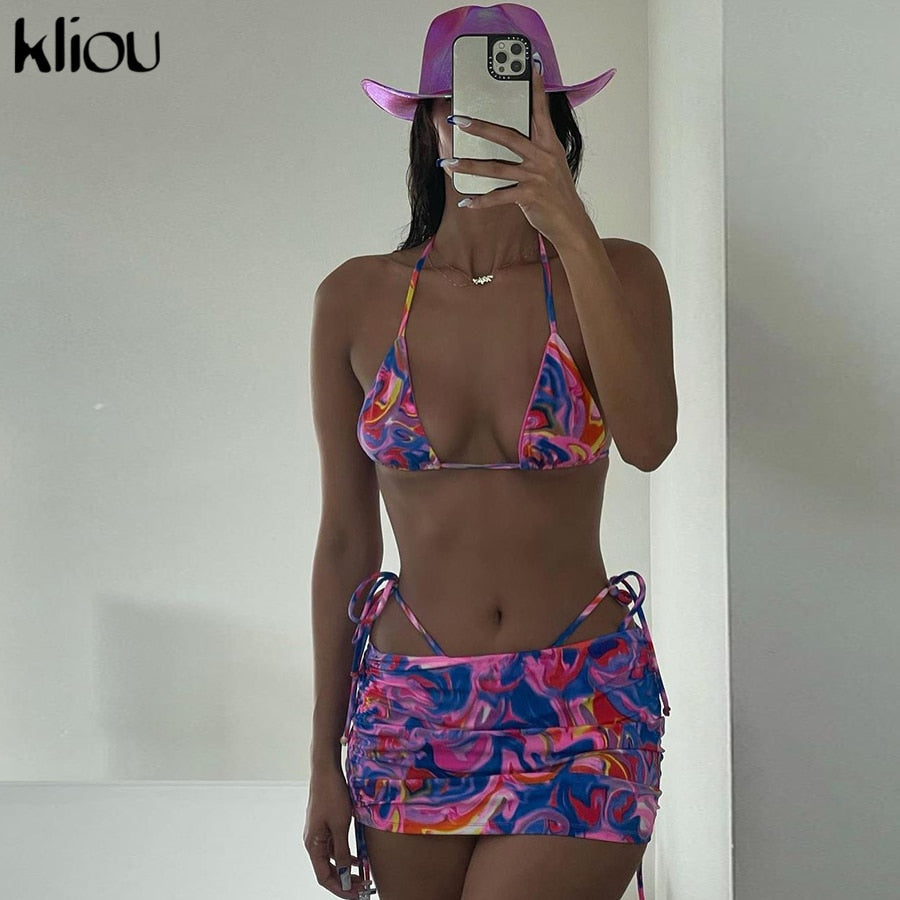 Bandage Halter Print Two Piece Backless Top+Drawstring Stacked Skirt Summer Outfit Set The Clothing Company Sydney