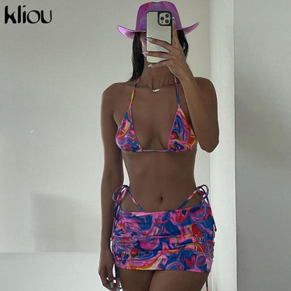 Bandage Halter Print Two Piece Backless Top+Drawstring Stacked Skirt Summer Outfit Set The Clothing Company Sydney